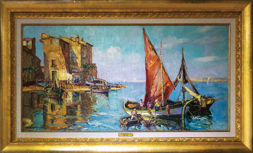 «Морской пейзаж с красным парусником», 1930–1940-е гг. Холст, масло, 50 х 100