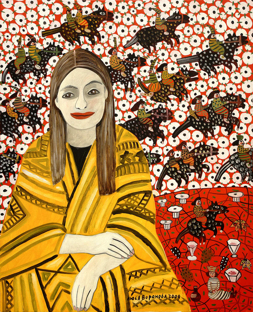 Люся Воронова. «Таня в пончо и веселые лошадки». Холст, масло, 100 х 80. 2009 г.