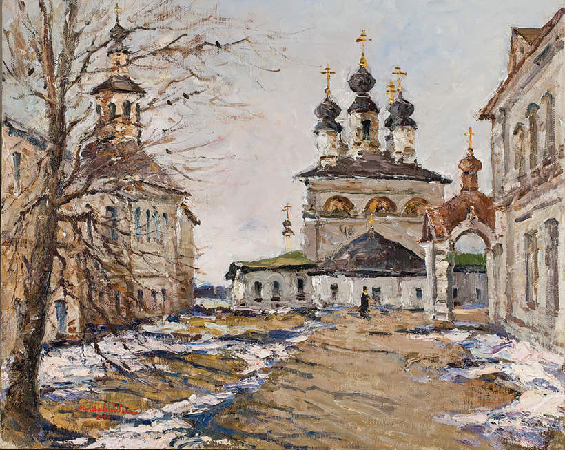 Двор в соборном дворище. Церковь митрополита Алексея. В. Устюг. Холст, масло. 65х81. 2020 г.
