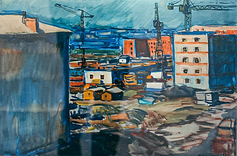 На строймассиве, серия «Новосибирск», 42.6х63.3 см., акварель. 1962.